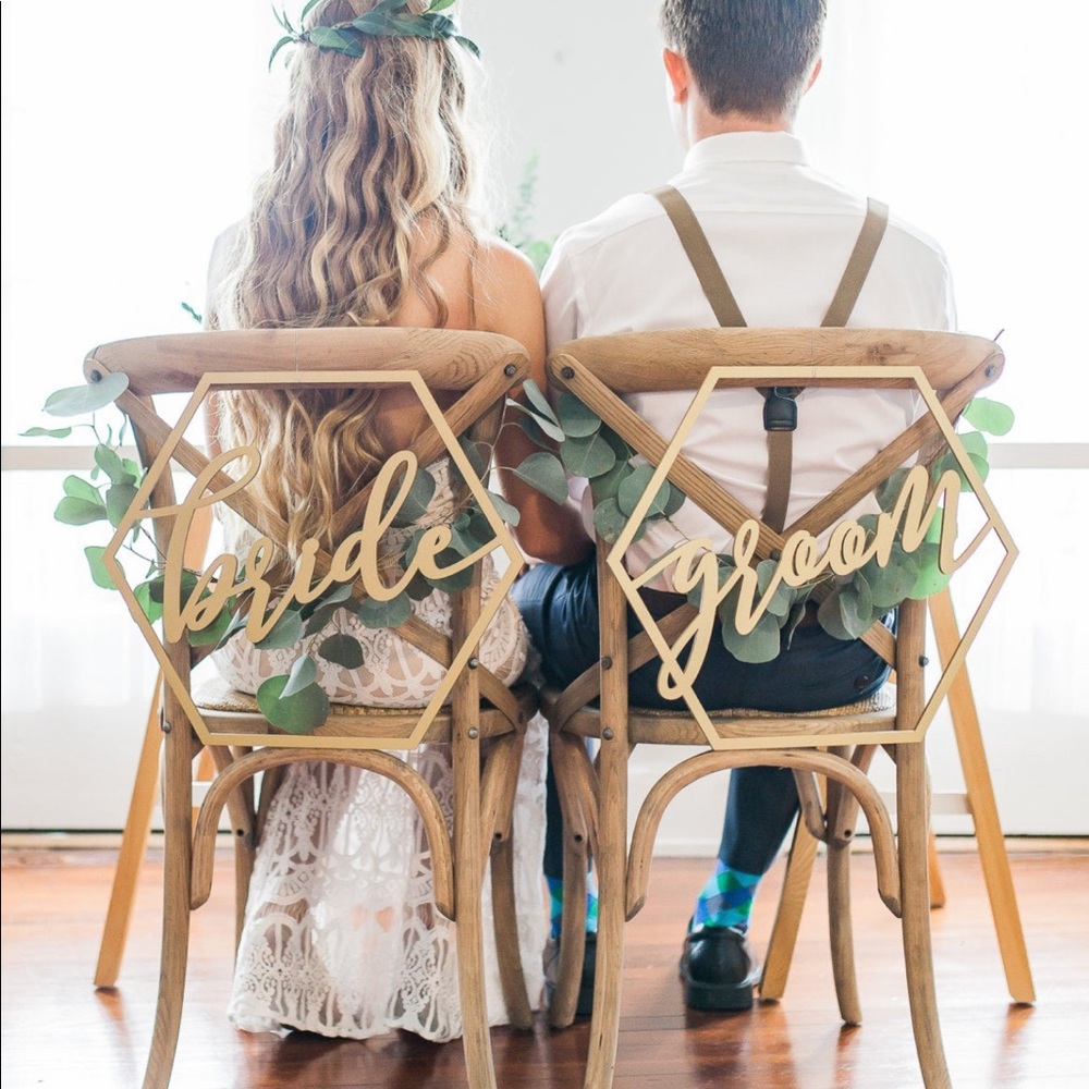 Hexagon Gold Bride and Groom Wedding Chair Signs